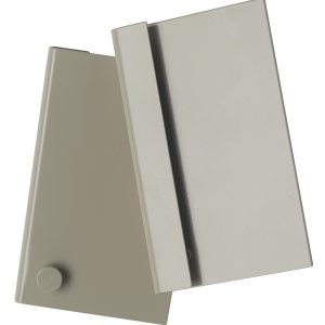 Two overlapping beige, minimalist rectangles are on a white background. One has a small round knob resembling the Quantum Louvered Panel Bracket for QTB Tip Out Bins, adding functionality to its sleek design.