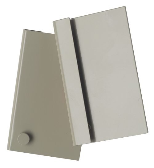 Two overlapping beige, minimalist rectangles are on a white background. One has a small round knob resembling the Quantum Louvered Panel Bracket for QTB Tip Out Bins, adding functionality to its sleek design.