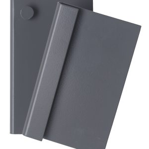 Two overlapping dark gray books rest on a white surface, subtly resembling the sleek design of the Quantum Louvered Panel Bracket for QTB Tip-Out Bins. The top book is slightly tilted over the other, with a small circular object at its upper left corner.