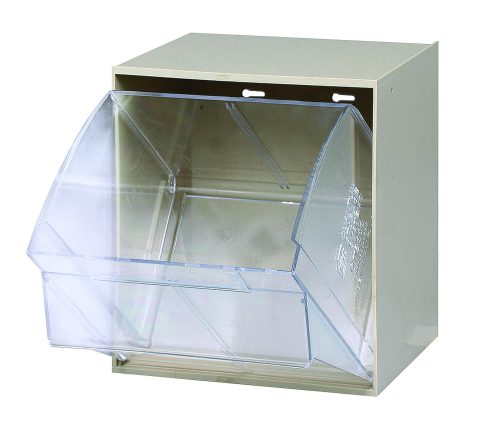 The Quantum Tip Out Bin, made in the USA, features a polystyrene ivory cabinet with a front-opening plastic clear container that tilts to a 45° angle. It offers space for storage and includes two mounting holes for easy wall installation. The bin has one compartment with a handle and label slot.
