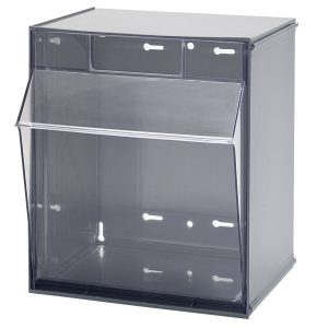 The Quantum Tip Out Bin has 1 compartment with a handle and label slot. Its clear plastic container opens to a 45° angle and is mounted in a polystyrene gray cabinet. Made in the USA, its designed for efficient storage and display on walls or countertops.
