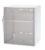 The Quantum Tip Out Bin features a clear, plastic container with a flip-open front lid at a 45° angle and includes a handle with label slot. Its rectangular design allows easy organization while providing visibility of the contents inside. Made in the USA, it comes in polystyrene white cabinet.