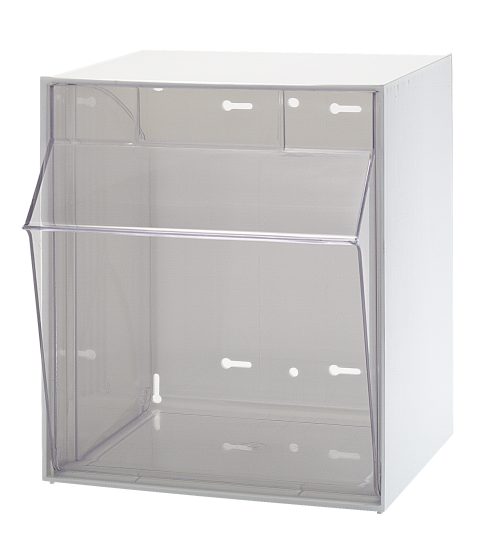 The Quantum Tip Out Bin features a clear, plastic container with a flip-open front lid at a 45° angle and includes a handle with label slot. Its rectangular design allows easy organization while providing visibility of the contents inside. Made in the USA, it comes in polystyrene white cabinet.