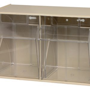 The Quantum Tip Out Bin has two transparent compartments that open to a 45° angle for easy access. The clear plastic containers are housed in an ivory polystyrene cabinet with handle and label slots, designed in the USA for simple functionality and visibility of contents.