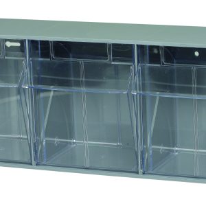 The Quantum Tip Out Bin, a polystyrene gray cabinet with 3 compartments, features a handle with label slot and clear plastic containers that open to a 45° angle. Ideal for wall mounting or tabletop use, it offers stylish functionality and easy access. Made in the USA.