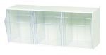 The Quantum Tip Out Bin features three clear containers with label slot handles, each tilting outward to 45° for easy access. The plastic polystyrene white cabinet is made in the USA and shown against a plain white backdrop.
