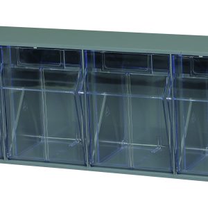 The Quantum Tip Out Bin features a polystyrene gray cabinet with four clear plastic compartments, each with a tip-out design opening to a 45° angle. It includes handles with label slots, providing an ideal solution for organizing small items in an industrial style. Made in the USA.