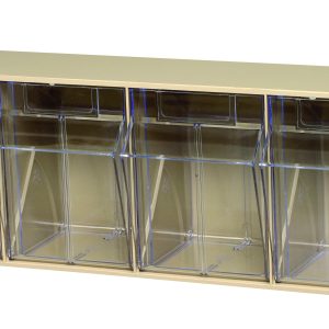 The Quantum Tip Out Bin, featuring a polystyrene ivory cabinet and four clear plastic compartments with flip-top lids and label-slot handles, is perfect for organizing small items. This sleek, USA-made unit aligns bins evenly in a single row and opens to a 45° angle.