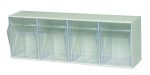 The Quantum Tip Out Bin is a white polystyrene cabinet with four plastic clear containers that open to a 45° angle for easy access. Each horizontal bin features a handle with a label slot, ensuring organized storage. Made in the USA.