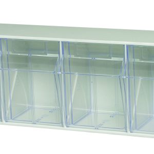 The Quantum Tip Out Bin is a white polystyrene cabinet with four plastic clear containers that open to a 45° angle for easy access. Each horizontal bin features a handle with a label slot, ensuring organized storage. Made in the USA.