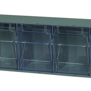 The Quantum Tip Out Bin features five identical plastic clear compartments with flip-top lids that open to a 45° angle, set in a rectangular polystyrene gray frame with handles and label slots for easy organization of small items. Made in the USA.