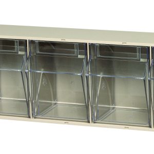 The Quantum Tip Out Bin features a polystyrene ivory cabinet with five compartments, each with clear lids that open to a 45° angle. This USA-made plastic container includes label slots for easy organization and stands out against a white background.