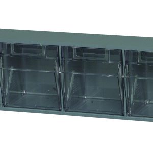 The Quantum Tip Out Bin features six clear plastic compartments that open to a 45° angle, each with a handle and label slot. The container is housed in a gray polystyrene cabinet. Made in the USA, it efficiently stores small items.