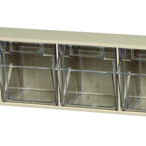 The Quantum Tip Out Bin features a durable beige metal design with a handy label slot and six clear plastic compartments arranged horizontally. Each bin opens to a 45° angle for easy access, blending simplicity and functionality to efficiently organize small items. Made in the USA.