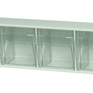 The Quantum Tip Out Bin offers a wall-mounted polystyrene white cabinet with six compartments. Each clear plastic compartment opens to a 45° angle, featuring handles and label slots for easy organization and visibility of essentials. Made in the USA.