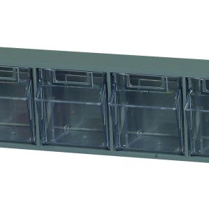 The Quantum Tip Out Bin is a polystyrene gray cabinet with nine clear plastic compartments that open to a 45° angle, featuring handles with label slots for easy access and storage of small items. Made in the USA.