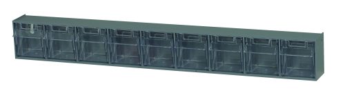 The Quantum Tip Out Bin is a polystyrene gray cabinet with nine clear plastic compartments that open to a 45° angle, featuring handles with label slots for easy access and storage of small items. Made in the USA.