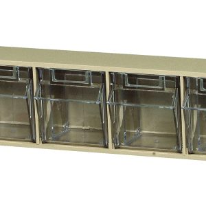 The Quantum Tip Out Bin includes nine clear plastic compartments with label slots, arranged in a polystyrene ivory cabinet. Each hinged lid opens to a 45° angle, ideal for organizing small items like hardware or craft supplies. Made in the USA.