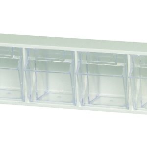 The Quantum Tip Out Bin, made in the USA, features a polystyrene white cabinet with nine clear plastic compartments that open to a 45° angle for easy access, and each has a label slot handle for organizing small items.