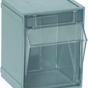 The Quantum Tip Out Bin features a clear front lid opening to 45°, perfect for organizing small items. Made in the USA, it has a durable plastic container with a polystyrene gray cabinet, solid top and sides, and includes a handle with a label slot. Dimensions: 5-1/4W x 4-3/4D x 6-1/4H.