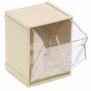 The Quantum Tip Out Bin has one compartment measuring 5-1/4W x 4-3/4D x 6-1/4H, featuring a clear plastic pull-out drawer with a handle and label slot within an ivory polystyrene cabinet. Its transparent design allows effortless content viewing, opening to a convenient 45° angle. Made in USA.