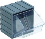 A Quantum Tip Out Bin with a gray polystyrene ribbed exterior and clear hinged front lid features a compartment measuring 3-5/8W x 4-1/16D x 4-1/4H, ideal for organizing small items. It opens to a 45° angle and includes a handle with label slot. Made in the USA.
