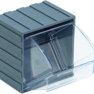 A Quantum Tip Out Bin with a gray polystyrene ribbed exterior and clear hinged front lid features a compartment measuring 3-5/8W x 4-1/16D x 4-1/4H, ideal for organizing small items. It opens to a 45° angle and includes a handle with label slot. Made in the USA.