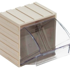 The Quantum Tip Out Bin features a clear plastic container within an ivory polystyrene cabinet, opening outward to a 45° angle for easy access. With dimensions of 3-5/8W x 4-1/16D x 4-1/4H and a handle with a label slot, this Made in USA product blends functionality with style.