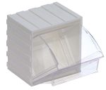 The Quantum Tip Out Bin, with one compartment and dimensions of 3-5/8W x 4-1/16D x 4-1/4H, features a handle with a label slot and opens to a 45° angle. It has a clear plastic container and a polystyrene white cabinet, ideal for organizing small items efficiently. Made in the USA.