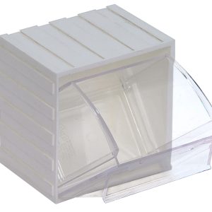 The Quantum Tip Out Bin, with one compartment and dimensions of 3-5/8W x 4-1/16D x 4-1/4H, features a handle with a label slot and opens to a 45° angle. It has a clear plastic container and a polystyrene white cabinet, ideal for organizing small items efficiently. Made in the USA.