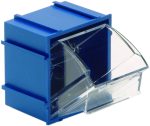 The Quantum Tip Out Bin features a polystyrene blue cabinet with a clear plastic container that opens to a 45° angle for easy access. It includes one compartment, handle with label slot, and slots for stacking or connecting seamlessly. Made in the USA, it measures 2-3/8W x 2-13/16D x 3H.