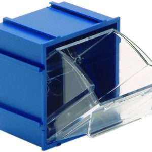 The Quantum Tip Out Bin features a polystyrene blue cabinet with a clear plastic container that opens to a 45° angle for easy access. It includes one compartment, handle with label slot, and slots for stacking or connecting seamlessly. Made in the USA, it measures 2-3/8W x 2-13/16D x 3H.