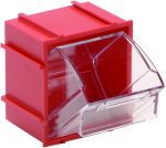 The Quantum Tip Out Bin features one compartment, a clear plastic container, and a polystyrene red cabinet. It measures 2-3/8W x 2-13/16D x 3H and opens to a 45° angle. Made in the USA, it has side grooves for stacking or connecting with other bins and includes a handle with a label slot.