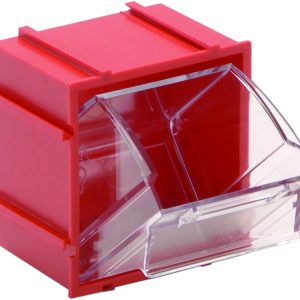 The Quantum Tip Out Bin features one compartment, a clear plastic container, and a polystyrene red cabinet. It measures 2-3/8W x 2-13/16D x 3H and opens to a 45° angle. Made in the USA, it has side grooves for stacking or connecting with other bins and includes a handle with a label slot.