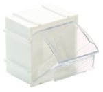The Quantum Tip Out Bin is a minimalist storage container with a single compartment, measuring 2-3/8W x 2-13/16D x 3H. It features a transparent lid that opens to a 45° angle and includes a handle with label slot, set against a white polystyrene cabinet. Made in the USA.