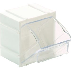 The Quantum Tip Out Bin is a minimalist storage container with a single compartment, measuring 2-3/8W x 2-13/16D x 3H. It features a transparent lid that opens to a 45° angle and includes a handle with label slot, set against a white polystyrene cabinet. Made in the USA.