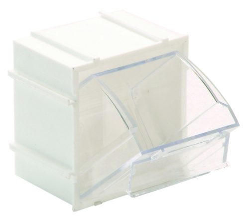 The Quantum Tip Out Bin is a minimalist storage container with a single compartment, measuring 2-3/8W x 2-13/16D x 3H. It features a transparent lid that opens to a 45° angle and includes a handle with label slot, set against a white polystyrene cabinet. Made in the USA.