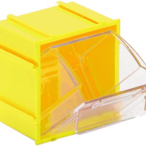 The Quantum Tip Out Bin has a single compartment and measures 2-3/8W x 2-13/16D x 3H. It features a clear plastic container with a handle and label slot, opening to a 45° angle. The polystyrene yellow cabinet is made in the USA, perfect for stacking or mounting.