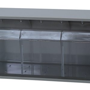 The Quantum Dividable Tip Out Bin features two clear, plastic compartments in a polystyrene gray cabinet. It measures 23-5/8W x 5-1/4D x 5-15/16H and has a handle with a label slot. Each container opens individually at a 45° angle, ideal for organizing small items. Made in the USA.