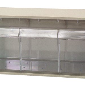 Introducing the Quantum Dividable Tip Out Bin: a transparent, two-compartment storage solution measuring 23-5/8W x 5-1/4D x 5-15/16H. It features a handle with a label slot and each compartment opens to a 45° angle for easy access. Made in the USA with an ivory polystyrene cabinet.