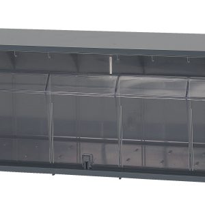 The Quantum Dividable Tip Out Bin measures 23-5/8W x 5-1/4D x 5-15/16H and features a clear plastic compartment with a handle and label slot, opening to a 45° angle. It is encased in a polystyrene gray cabinet, made in the USA.