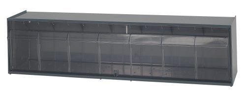 The Quantum Dividable Tip Out Bin measures 23-5/8W x 5-1/4D x 5-15/16H and features a clear plastic compartment with a handle and label slot, opening to a 45° angle. It is encased in a polystyrene gray cabinet, made in the USA.