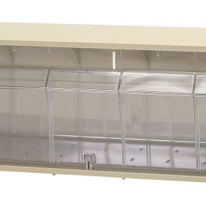 Introducing the Quantum Dividable Tip Out Bin, offering a single compartment in a 23-5/8W x 5-1/4D x 5-15/16H plastic clear container. Featuring an ivory polystyrene cabinet with a label slot and opening to a 45° angle, it enhances functional storage while saving space. Made in the USA.