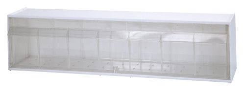 QTB412_WT.jpg The Quantum Dividable Tip Out Bin, a polystyrene white cabinet with a clear plastic compartment, measures 23-5/8W x 5-1/4D x 5-15/16H and opens to a 45° angle for efficient small item organization on walls or flat surfaces.