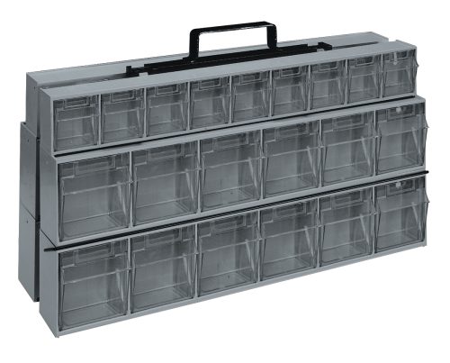 QTF320-42_GY.jpg The Quantum Tip Out Bin Portable Frame, measuring 24W x 14H, in black powder-coated steel with gray bins, features a black handle and three rows of clear compartments ideal for small items. It includes (2) QTB309 and (4) QTB306 bins plus mounting hardware.