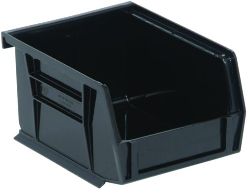 The Quantum Bin is a black storage solution with front, back, and side grips. It includes an anti-slide lock, slanted opening for easy access, divider slot for organization, a rear hanger, and a molded-in label holder. Made in the USA. Size: 4-1/8W x 5-3/8D x 3H.