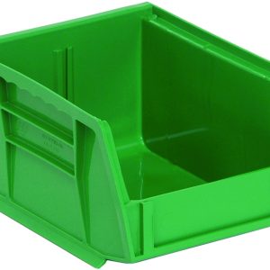 The Quantum Bin, crafted from green polypropylene, measures 4-1/8W x 5-3/8D x 3H. Featuring front/back/side grips, an anti-slide lock, a divider slot, and a molded-in label holder, this USA-made bin is perfect for organizing workshops or garages.