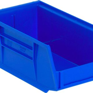 The Quantum Bin, a blue polypropylene storage solution with front, back, and side grips, an anti-slide lock, and reinforced edges, features an open front for easy access. Perfect for organizing small items, it includes a divider slot and molded-in label holder. Made in the USA.