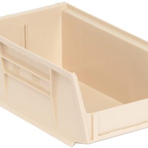 The Quantum Bin is a 4-1/8W x 7-3/8D x 3H ivory polypropylene container with an open front, one divider slot, front/back/side grips, and an anti-slide lock for secure storage. Its slightly tapered shape is perfect for organizing small items. Made in the USA.