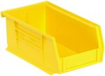 On a white background, the yellow Quantum Bin, measuring 4-1/8W x 7-3/8D x 3H, features an open front for easy access. Stackable or hangable with reinforced sides, it includes front/back/side grips, an anti-slide lock, a divider slot, and a rear hanger. Made in the USA from polypropylene.